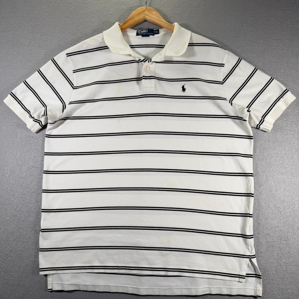 Polo‎ Ralph Lauren Mens Polo Shirt White Black Striped Short Sleeve Heavyweight